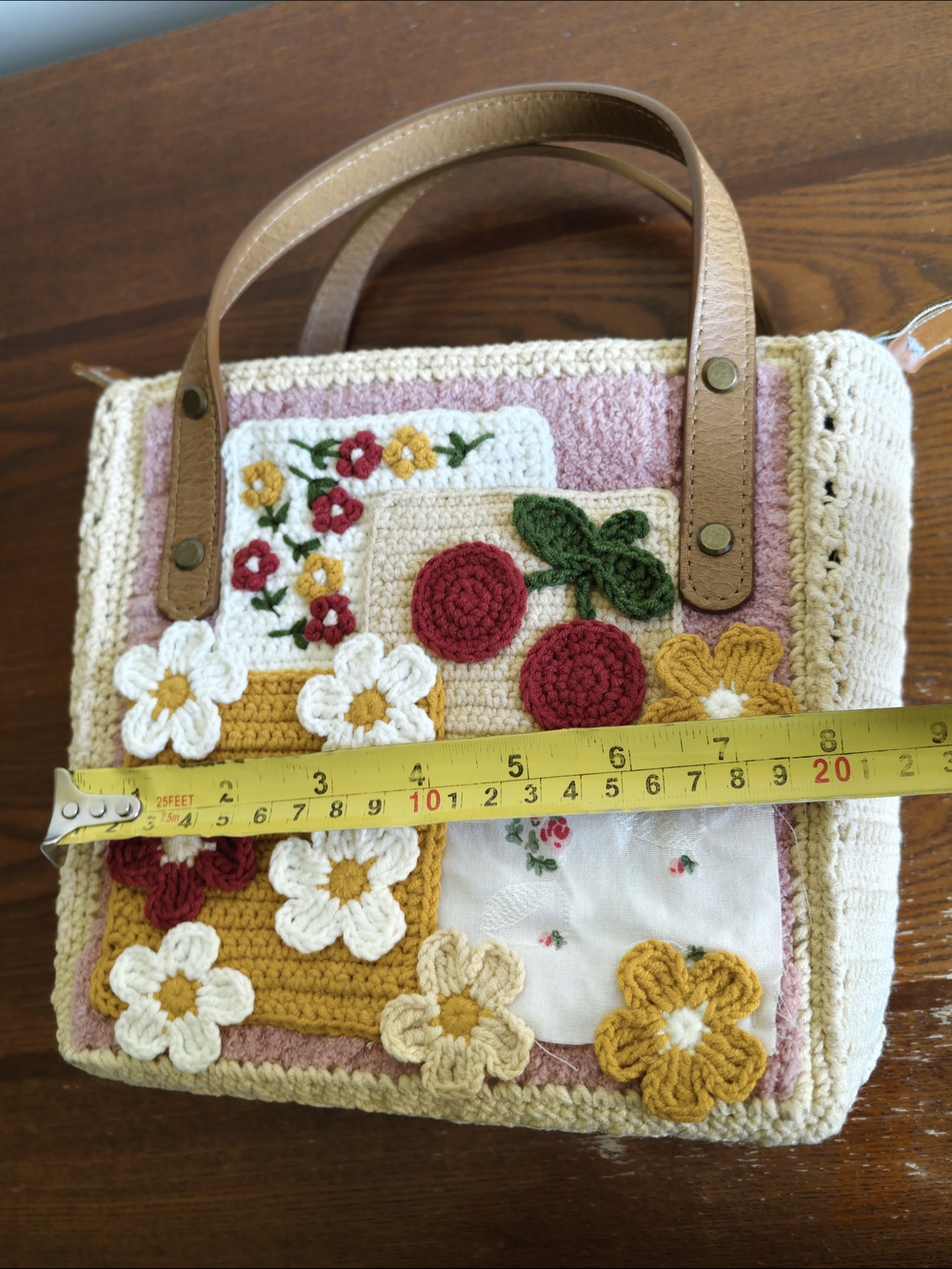 Handmade Crochet Floral Patchwork Tote Bag - Pink, Cream & Mustard - Picture 4 of 10